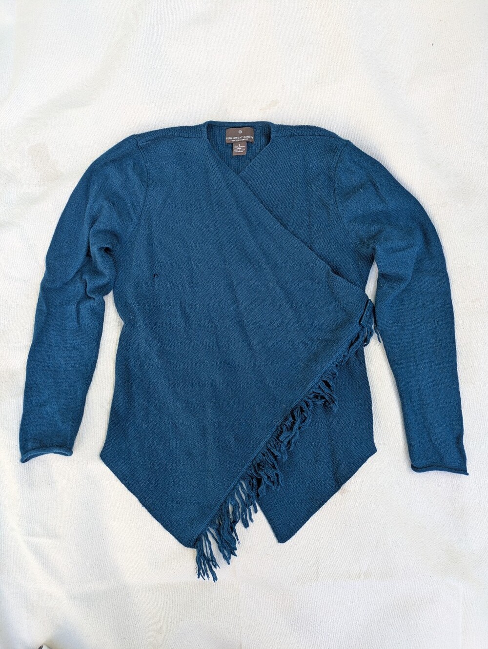 Women's Merino Wool Teal Wrap Fringe Cardigan